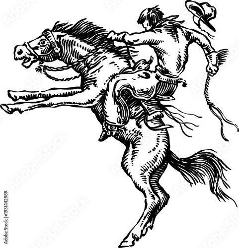 Illustration of a cowboy riding his horse, vintage style. Perfect for your graphic design needs.