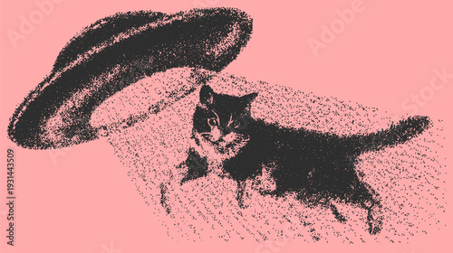 Cat and UFO vector illustration in halftone style. Monochrome pink and black graphic with modern science fiction elements.