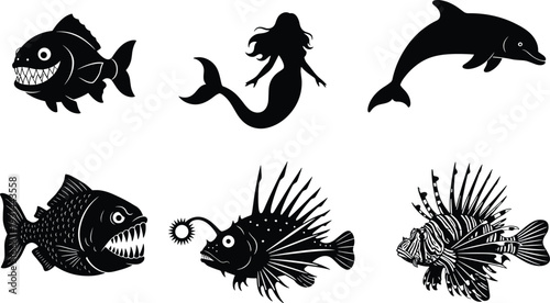 Sea, creatures, silhouettes, collection, shark, mermaid, dolphin, anglerfish, lionfish, ocean, marine, black, isolated, vector, illustration, underwater, wildlife, design, set, bundle