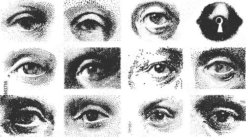 Set of halftone eyes in black and white. Vintage vector illustration with dot pattern and textured graphic style.