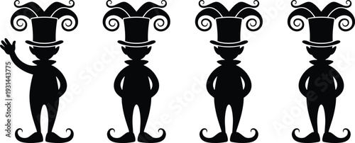 Jester, character, silhouette, collection, whimsical, curly, hat, fantasy, mascot, cartoon, black, isolated, vector, illustration, playful, costume, design, set, icon, bundle