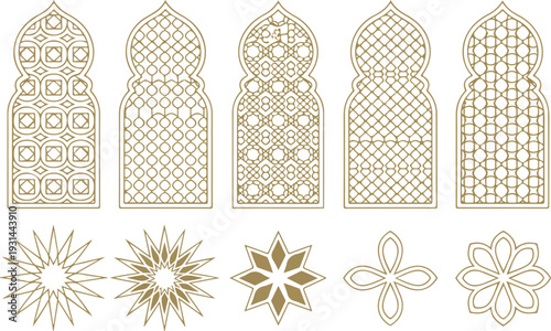 Luxury Islamic Geometric Frame and Arch Illustration Set with Gold Arabesque Patterns and Elegant Ramadan Design Elements