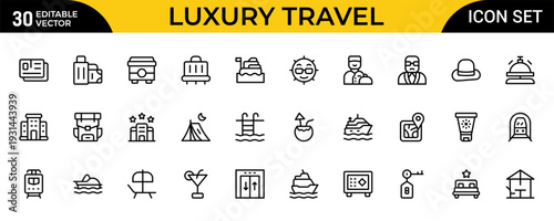 Luxury Travel and Holiday Essentials Line Icon Set – Professional Modern Minimal Outline Icons Collection Featuring Premium Getaway, Vacation and Tourism Symbols, Editable Vector Illustration