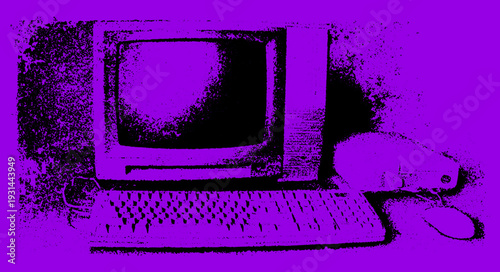 Retro computer with monitor, keyboard, and mouse shown in a grainy purple halftone. Classic technology vector illustration with electronics and digital style.