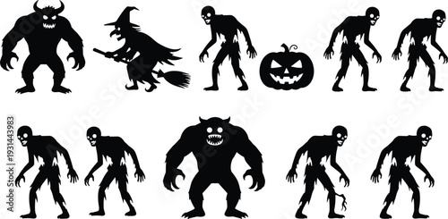 Halloween, monster, silhouettes, collection, zombie, witch, demon, pumpkin, spooky, horror, character, set, black, isolated, vector, illustration, scary, fantasy, design, bundle