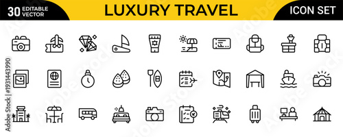 Luxury Travel and Holiday Essentials Line Icon Set – Professional Modern Minimal Outline Icons Collection Featuring Premium Getaway, Vacation and Tourism Symbols, Editable Vector Illustration