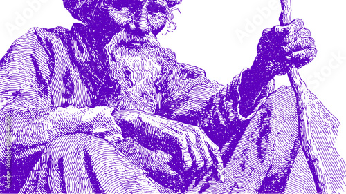 Old man with beard holding staff in a sitting pose. Vintage engraving with detailed line work and shading. Vector illustration.