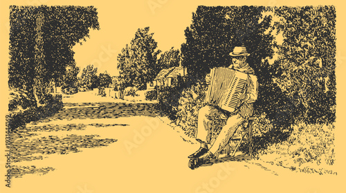Accordion musician sitting on a chair by a rural street with trees and houses. Vintage ink sketch vector illustration.