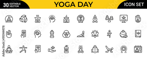 Yoga Outline Set – Modern Thin Outline Icons Collection Featuring Yoga Asanas, Meditation and Relaxation Symbols, Isolated on Transparent Background, Clean Vector Illustration