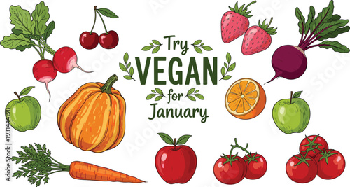 Try Vegan for January hand drawn fruits and vegetables collection healthy plant based food concept colorful vector illustration