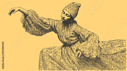 Female dancer in ornate costume with hat and wide sleeves in monochrome vintage style. Detailed vector illustration on yellow background.