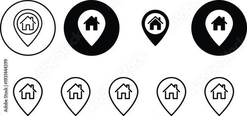 Home location pin icon set, real estate map marker symbols collection, house navigation vector buttons isolated on white background