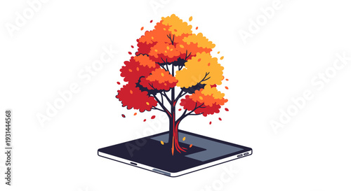 Vibrant Autumn Tree Growing from Digital Tablet Screen.