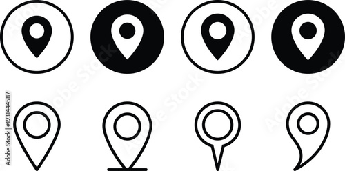 Map location pin icon set, GPS marker symbols collection, navigation pointer vector buttons isolated on white background