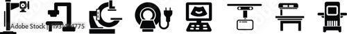 X ray machine medical equipment icon set collection group in black flat style featuring radiology, scanner, imaging, diagnostic, hospital technology and healthcare synonym elements for clinic design