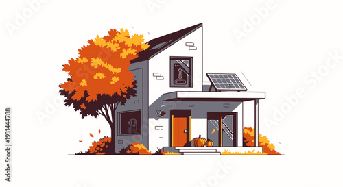 Modern house with solar panels and autumn foliage.