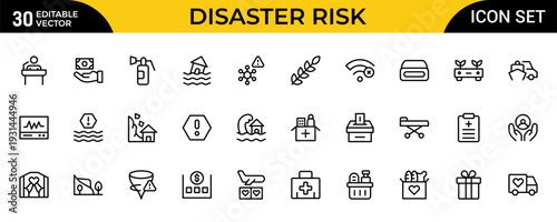 Disaster Risk and Humanitarian Aid Line Icon Set – Emergency, Relief and Crisis Management Outline Icons, Editable Stroke Vector