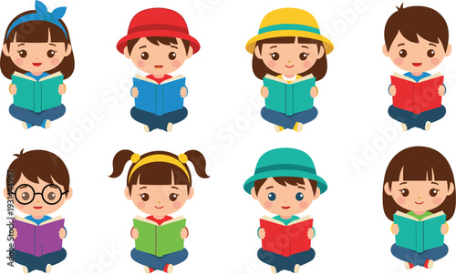 Diverse group of cute cartoon children sitting and reading books with colorful covers and hats isolated on a white background for educational design