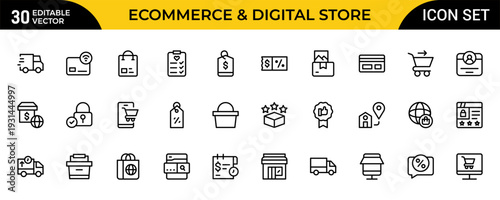 Ecommerce and Digital Storefront Line Icon Set. Online Shopping, Retail and Marketplace Outline Icons, Editable Stroke, Pixel Perfect Vector