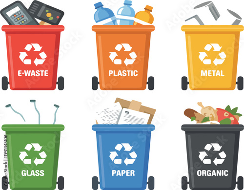 Recycling Bins Vector Illustration Set for Waste Separation Including Plastic, Metal, Glass, Paper and Organic Trash