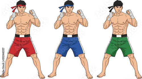 Martial Arts Fighter Character Set in Fighting Stance with Headband and Gloves Vector Illustration Collection Isolated on Light Background for Sports Design