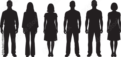 Silhouettes of diverse male and female figures standing side by side, showcasing gender representation, fashion differences, posture variations, and design template for creative visual comparisons.