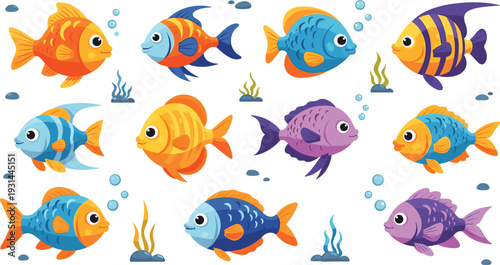 Colorful Tropical Fish Vector Collection with Cute Underwater Sea Characters and Ocean Life Elements for Childrens Books, Aquarium Decor, and Summer Graphic Designs