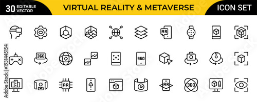 Advanced AR VR Line Icon Collection. Augmented Reality, Virtual Reality and Metaverse Technology Outline Vector Icons