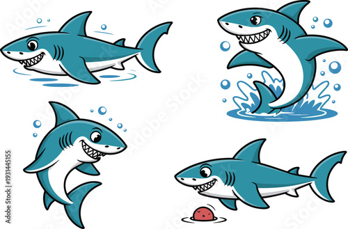 Cute Cartoon Shark Collection with Splashing Water, Smiling Blue Sharks and Funny Marine Characters Vector Illustration Isolated Background