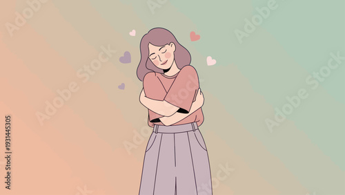 Happy young woman embracing herself in self-love illustration.