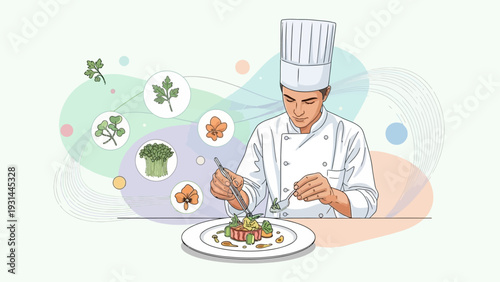 A chef meticulously garnishes a gourmet dish with precision.