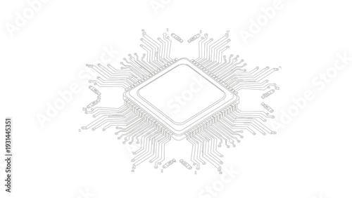 Outline of a computer chip with circuit board connections on white background