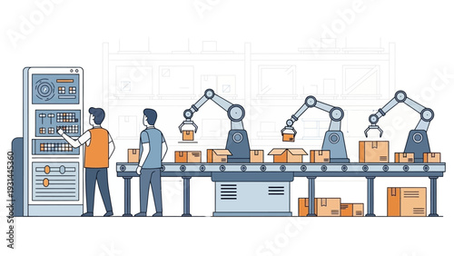 Automated factory assembly line with robotic arms and workers.