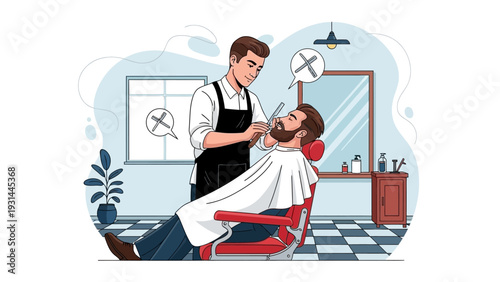 Barber shaving a man's beard in a barbershop.
