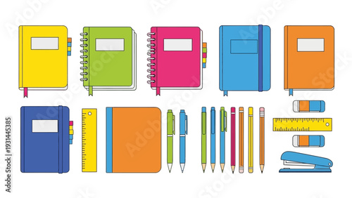 Colorful stationery and office supplies arranged on a white background.