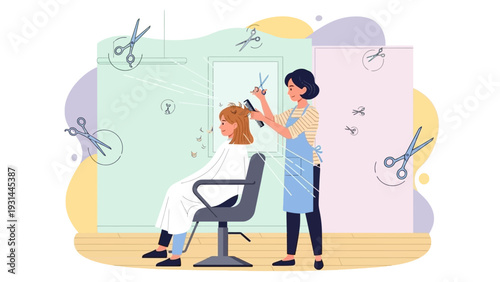 Hairdresser cutting a client's hair in a salon.