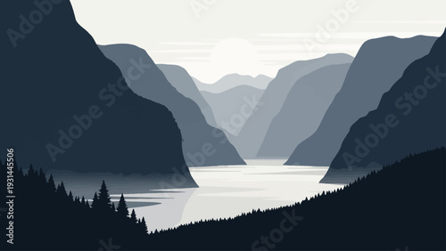 Serene mountain landscape with calm water and pine trees