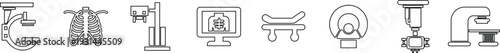 X ray machine medical equipment icon set collection group in black line style featuring radiology, scanner, imaging, diagnostic, hospital technology and healthcare synonym elements for clinic design