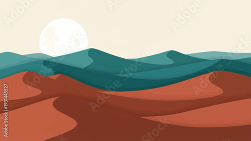 Minimalist desert landscape with dunes and sun.