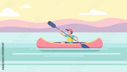 Person kayaking on a tranquil lake surrounded by mountains, a peaceful flat design illustration.