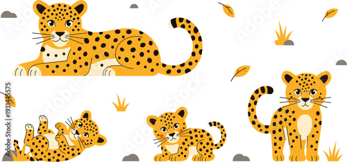 Minimalist Leopard Cub Character Collection in Various Playful Poses for Kids Nursery Decor, Wildlife Education, Decorative Wall Art, and Childrens Product Packaging