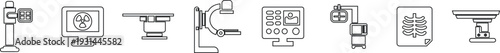 X ray machine medical equipment icon set collection group in black line style featuring radiology, scanner, imaging, diagnostic, hospital technology and healthcare synonym elements for clinic design