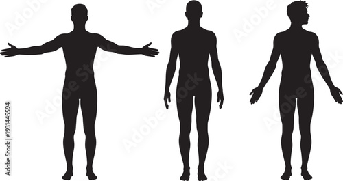"Three black human silhouettes in different standing poses, arms extended or relaxed, ideal for anatomy reference, artistic design, gesture studies, and creative visual projects"