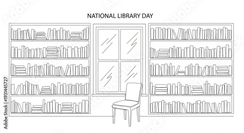 National Library Day Bookshelves Illustration.