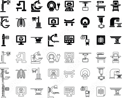 X ray machine medical equipment icon set collection group in black flat line style featuring radiology, scanner, imaging, diagnostic, hospital technology and healthcare synonym elements for clinic des