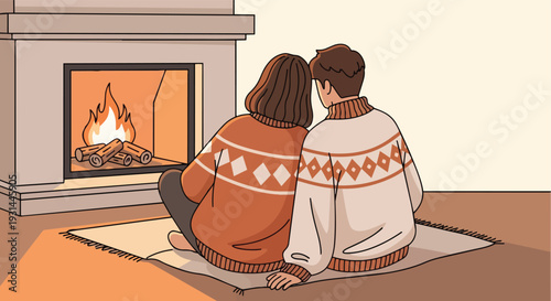 Young Couple in Knitted Sweaters Sitting Together by a Warm Fireplace Illustration