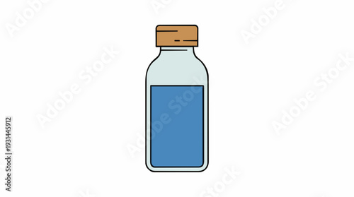 Clear Glass Bottle with Blue Liquid and Wood Cap Isolated on White Background Simple Minimalist Design