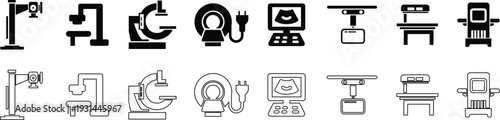 X ray machine medical equipment icon set collection group in black flat line style featuring radiology, scanner, imaging, diagnostic, hospital technology and healthcare synonym elements for clinic des