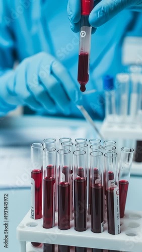 Scientist in Blue Gloves Holding Blood Sample Tube Over Rack of Test Tubes in Laboratory