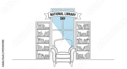 National Library Day Illustration with Bookshelves and Chair.